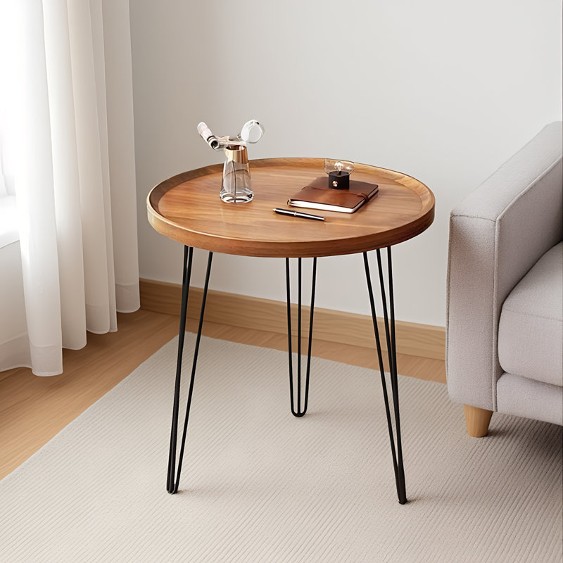Table d'appoint ronde en grain de bois, avec rebord anti-chute et pieds en épingle à cheveux noirs, style Mid-Century compact et robuste
