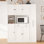 Buffet autoportant traditionnel 52,8 x 17,7 x 70 pouces avec huche, grande armoire de rangement pour garde-manger avec armoire latérale coulissante, tablettes de porte et tiroir, blanc