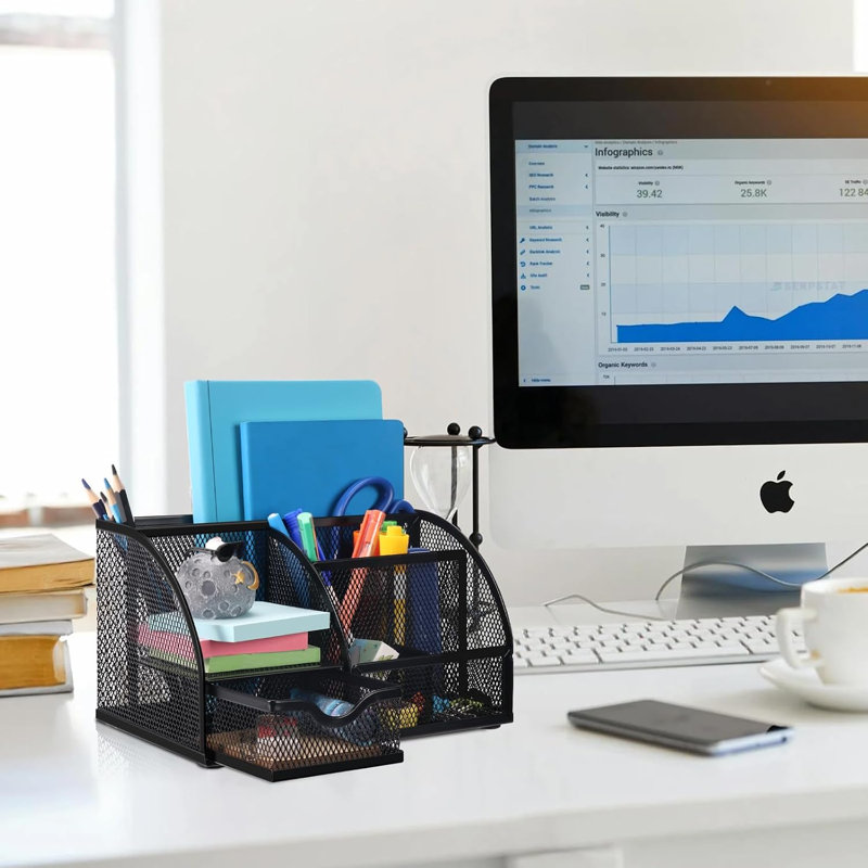 Organisateur de bureau en maille métallique avec porte-crayons et stylos à 7 compartiments, noir, idéal pour la maison, le bureau ou l'école.