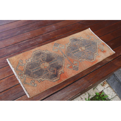 Vintage Turkish Rug Handwoven In Orange Wool Ideal For Small Hallways And Boasting A Boho Style