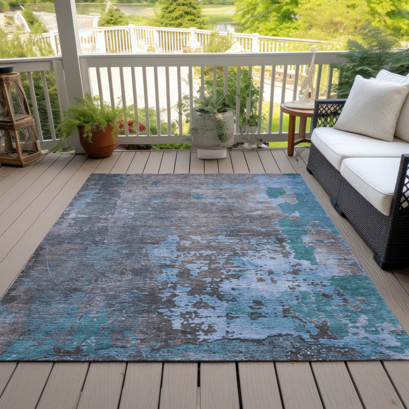 Teal and Gray Flat Woven Synthetic Washable Rug