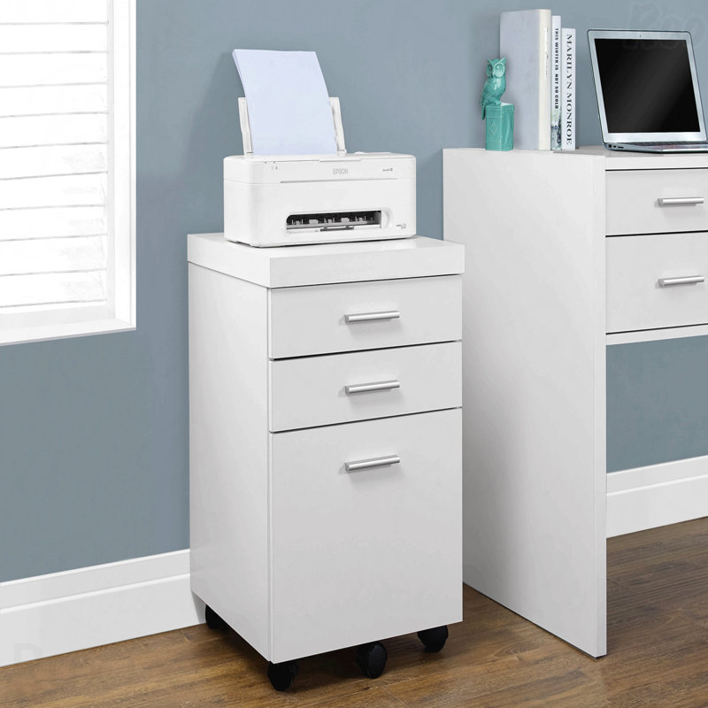 Classeur mobile contemporain avec tiroirs de rangement et support d'imprimante pour bureau moderne, Blanc
