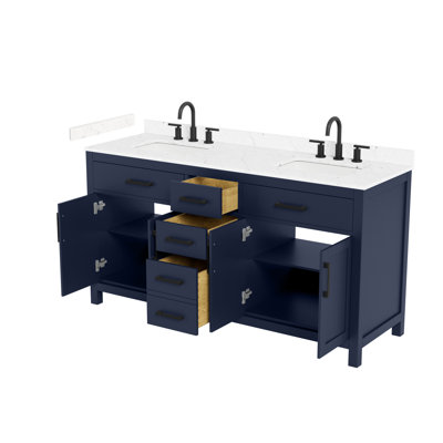 Beckett 66 Inch Double Bathroom Vanity in Dark Blue, Carrara Cultured Marble Countertop, Undermount Square Sinks (3-Hole), Matte Black Trim