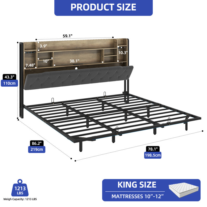 Upholstered Bookcase Storage Bed, Gray, King