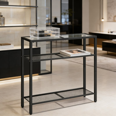 Console moderne étroite avec un design en verre trempé à 3 niveaux, une table de canapé mince pour l'entrée, le salon, le couloir ou la chambre à coucher
