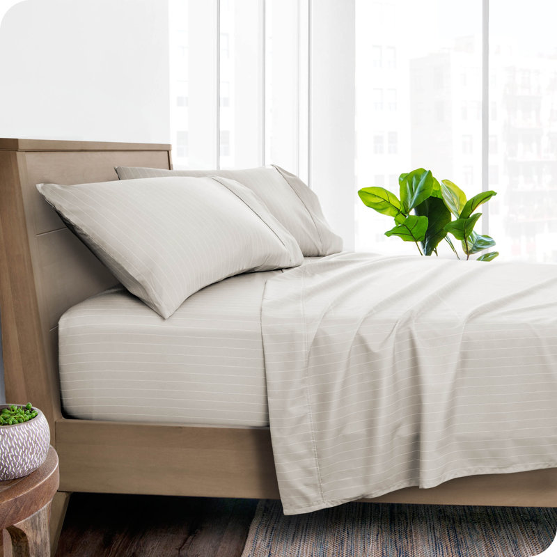 Twin Stone/White Pinstripe Microfiber Deep Pocket Sheet Set