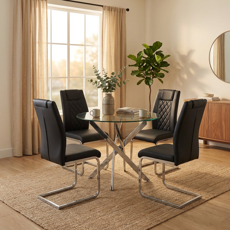 Round Dining Table, 35.5" Glass Dining Table with Silver Legs, Modern Kitchen Table for Home Kitchen, Dining Room