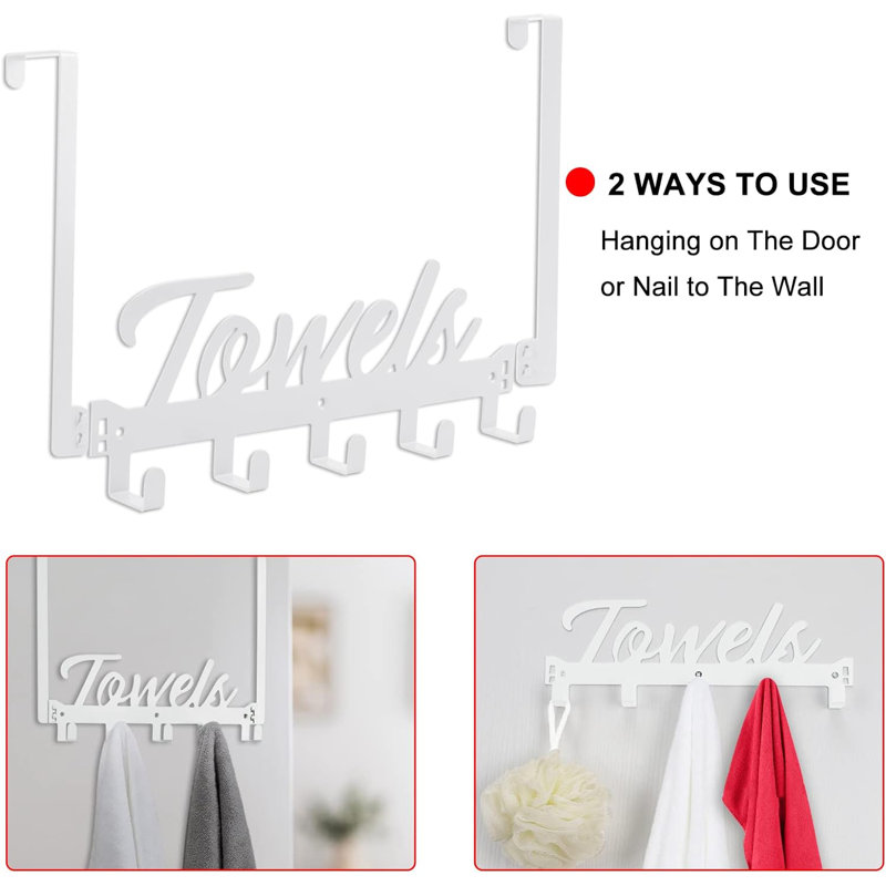 Crochets robustes au-dessus de la porte avec 5 cintres - Porte-serviettes antirouille pour la cuisine de la chambre à coucher, garde-robe mural sans perceuse