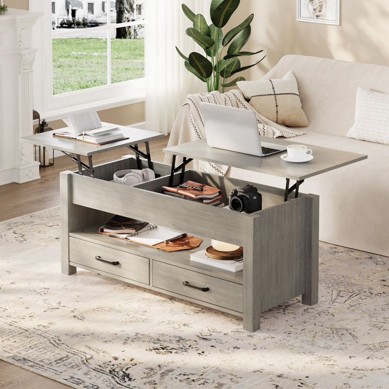 Table basse avec plateau relevable, table basse convertible avec plateau en bois, 2 tiroirs et compartiment caché, Gris