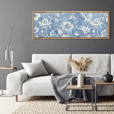 Blue and White Vintage Floral Botanical Pattern – Large Framed Canvas Master Bedroom Wall Art Print