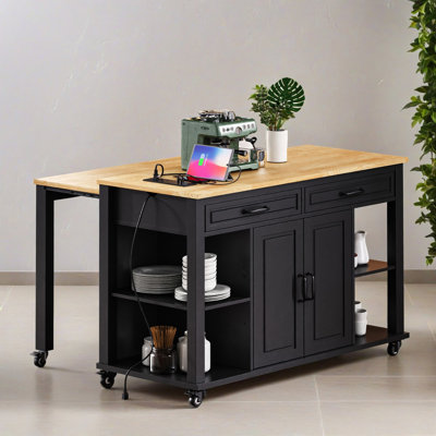 Îlot de cuisine de 47 po avec table de salle à manger extensible, table de cuisine en placage de bois d'hévéa avec support de rangement interne, prise de courant, îlot de cuisine avec rangement 2 tiroirs et 2 armoires