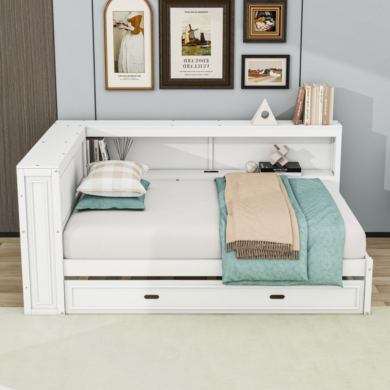 Lit de jour double en bois avec DEL, USB, tablettes de rangement et lit gigogne simple, Blanc