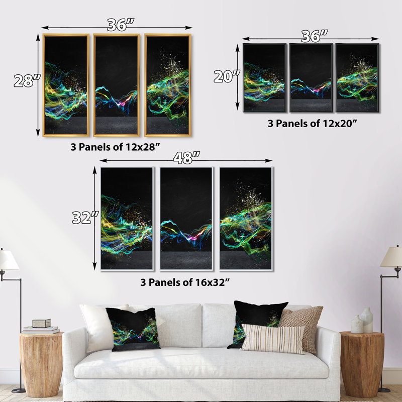 Abstract Motion Banner - 3 pièces, cadre flottant, impression sur toile, L 36 po x H 28 po, Cadre noir