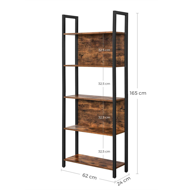Geter 165cm H x 62cm W Steel Standard Bookcase, Rustic Brown/Black