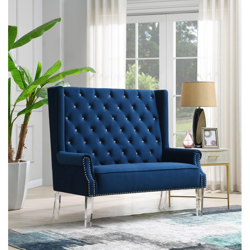 Banc à oreilles en velours à dossier haut avec pieds en acrylique, Bleu