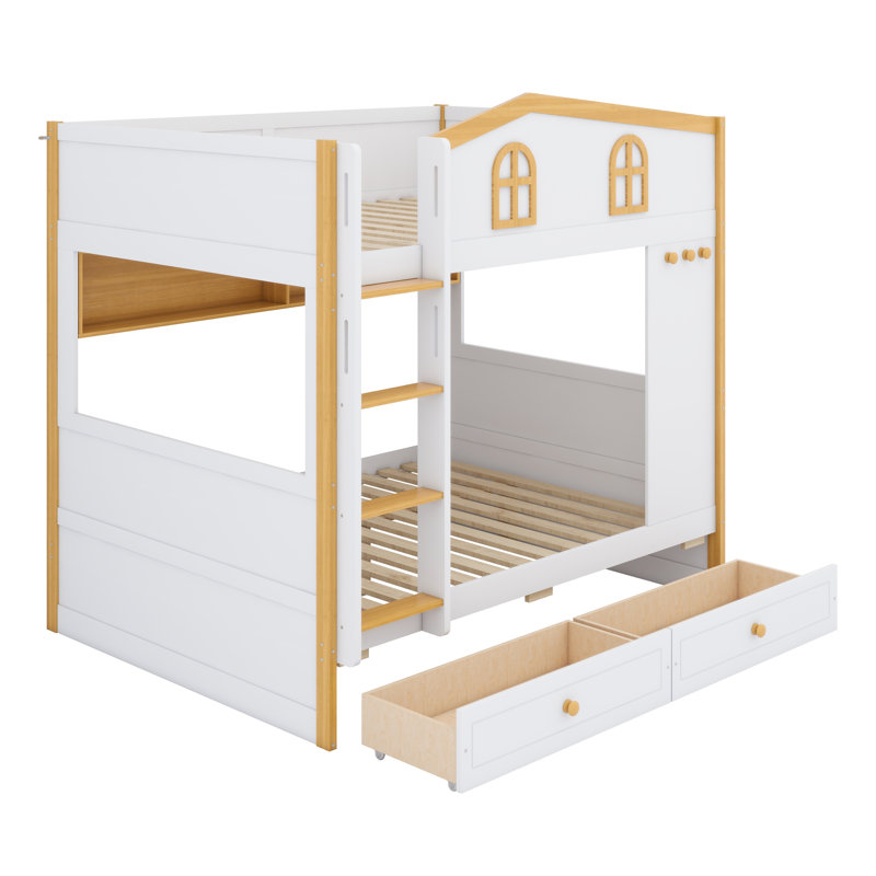 Playful Bunk Bed Featuring House-Shaped Guardrails with Integrated Storage Shelves and Drawers