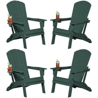 Folding Adirondack Chair Set Of 6 With Cup Holder，Wooden Textured ，Heavy All-Weather HDPE Comfortable Set Poolside Backyard Lawn, Aruba Blue