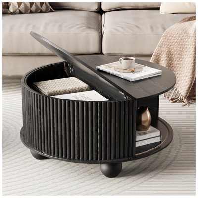 Round Coffee Table With Storage, Fluted Lift Up Coffee Table With Sliding Door, 31.5" Drum Center Table With Bun Feet For Living Room, Home Small Space, Black