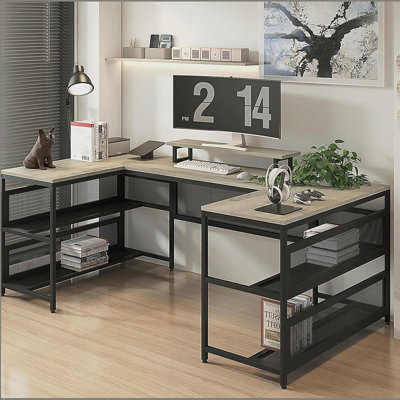 Bureau en U avec prises de courant et support à bande et à écran à DEL, bureau en L avec tablette de rangement, bureau de jeu pour bureau à domicile, rétro