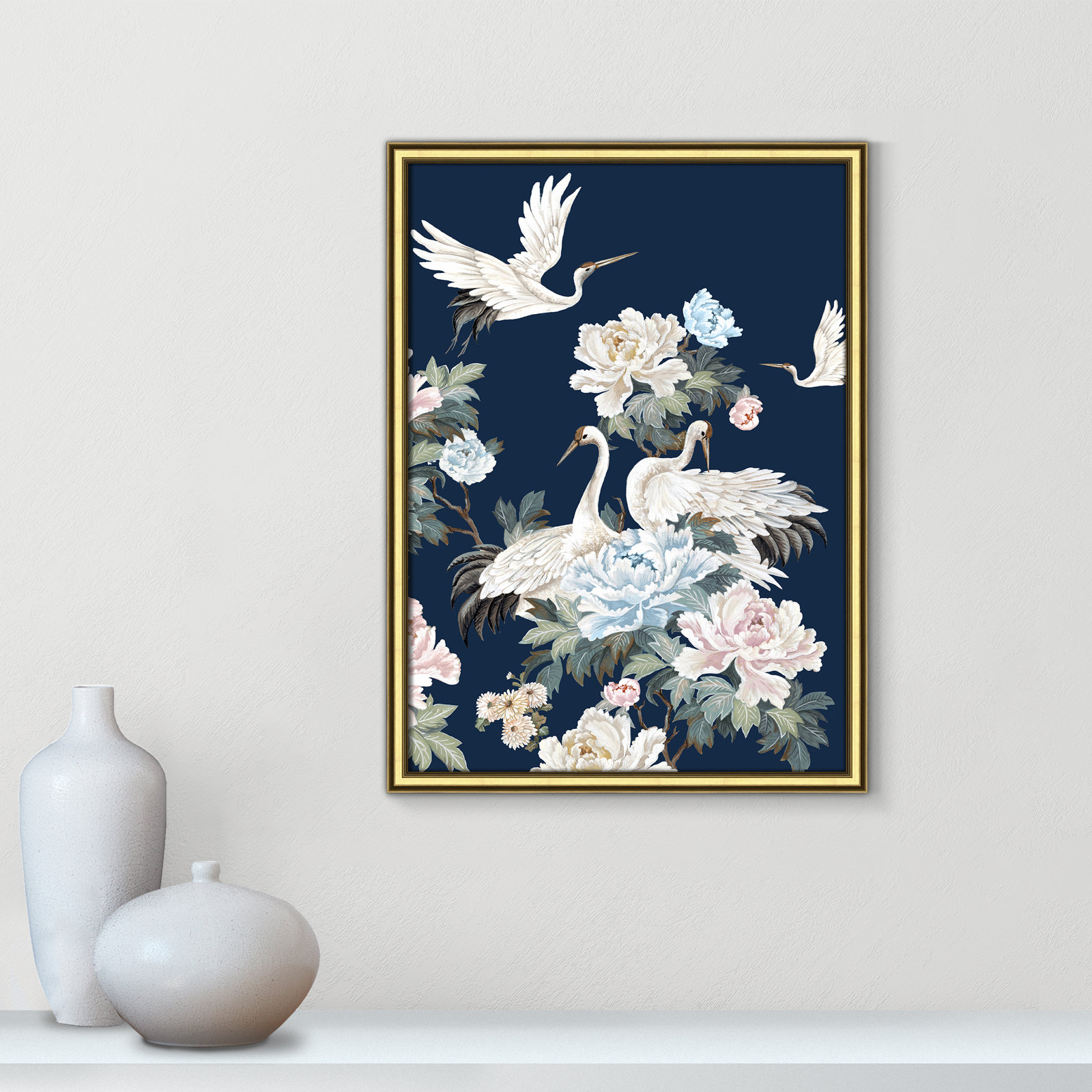 Pearly White Cranes II - Picture Frame Painting, 24.25" H x 18.25" W x 0.88" D, Gold