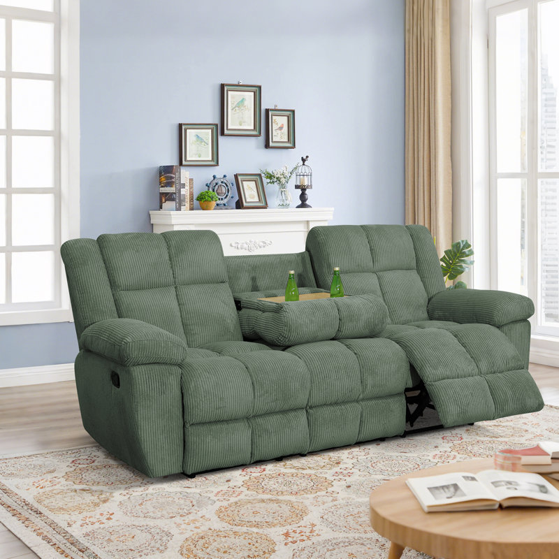 Canapé inclinable pour 3 personnes avec table rabattable et porte-gobelets, velours côtelé doux, Vert