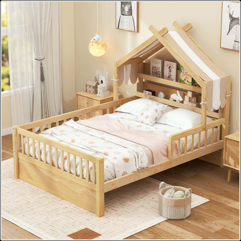 Lit double en bois avec rangement et tête de lit avec auvent, Naturel, Lit double