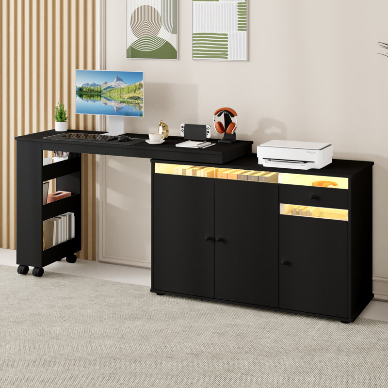 L-Shaped Computer Desk with Storage Cabinet, Drawer & Shelf, Rotating & Convertible Home Office Desk with LED Light, Black