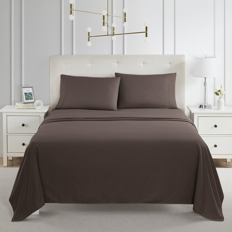  Ensemble de draps double brossé de luxe pour hôtel avec draps et taies d'oreiller très doux, Brun chocolat