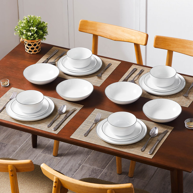 Piece Porcelain China Dinnerware Set - Service for 4, White/Black