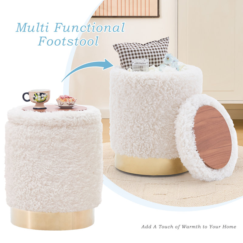 Round Velvet Ottoman with Storage, White