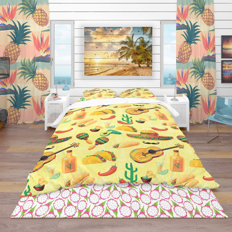 Ensemble de housse de couette tropical, Housse simple + 1 taie décorative