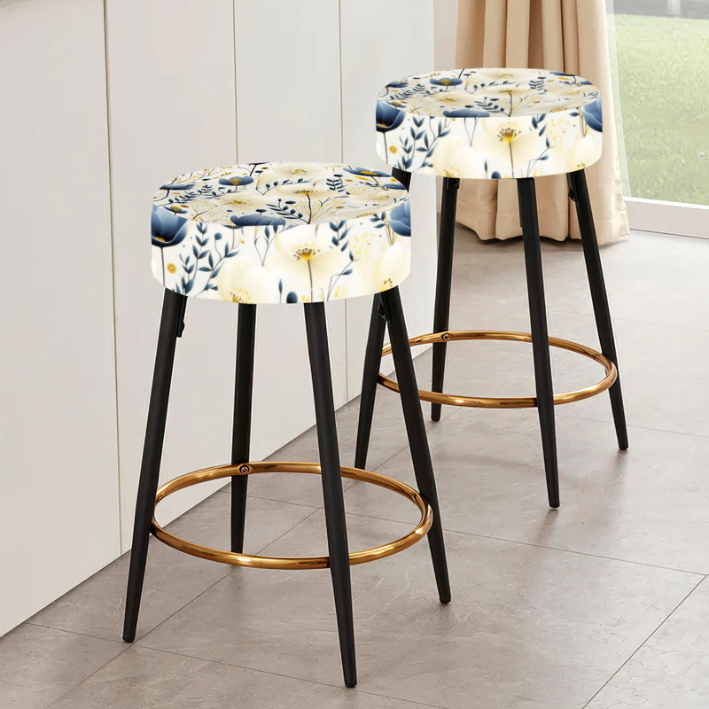 Ensemble de 2 tabourets à imprimé animal, Motif floral ivoire et bleu côtier serein
