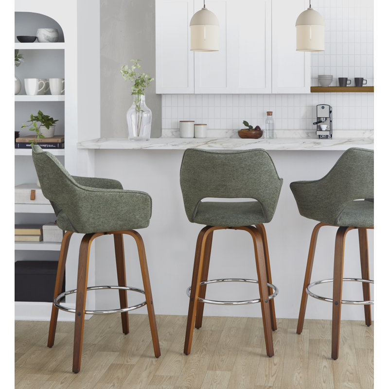 Sarah XL 30" Fixed-Height Upholstered Bar Stool with Bent Wood Legs & Round Footrest, Green