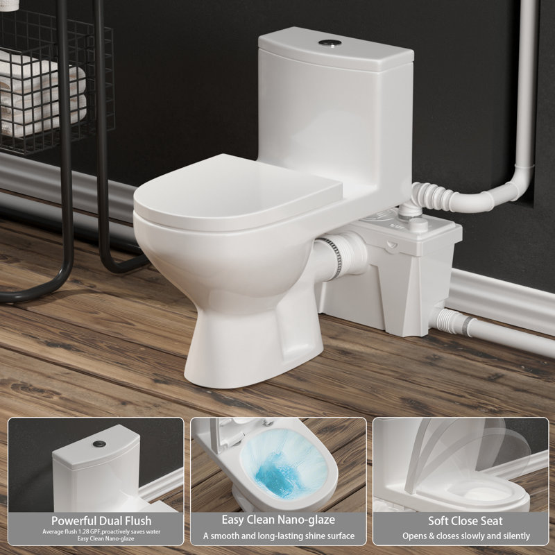 Yingze 600W Macerating Upflush Toilet System, One-Piece Rear Outlet Dual Flush Toilet for Basement Bathroom, White