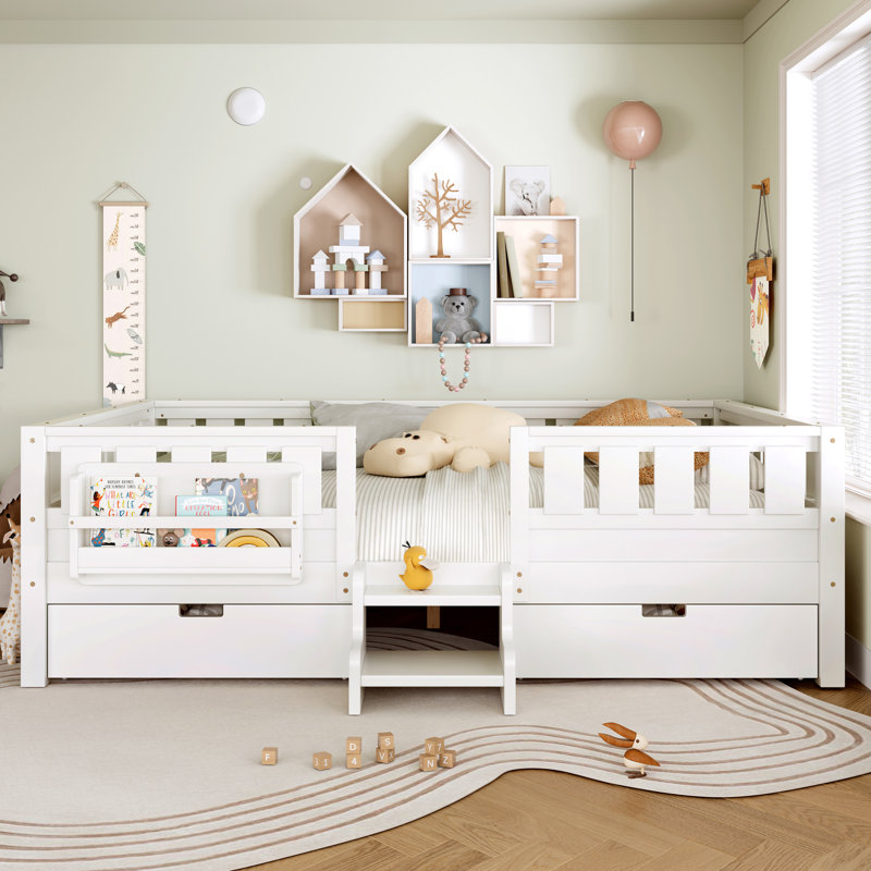 Queen with built-in bookshelves and storage drawers, Safety Staircase design and high-quality safety rails,White, White