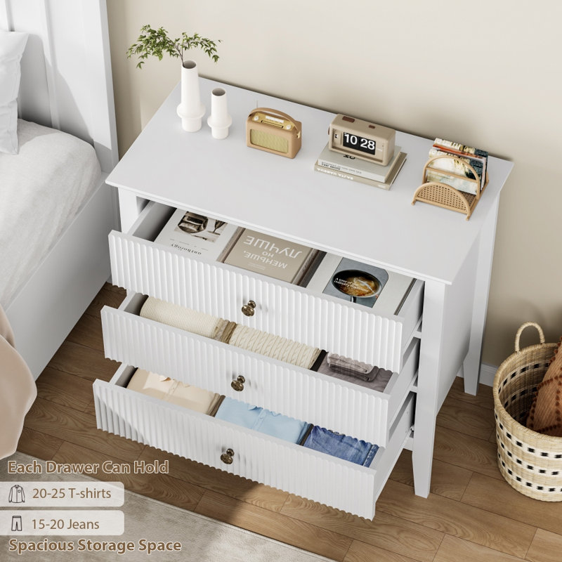Modern Fluted 3 Drawer Wide Wood Dresser – Vertical Texture, Metal Legs & Anti-Tip Kit, Large Storage Organizer for Bedroom, Living Room, Entryway (White)