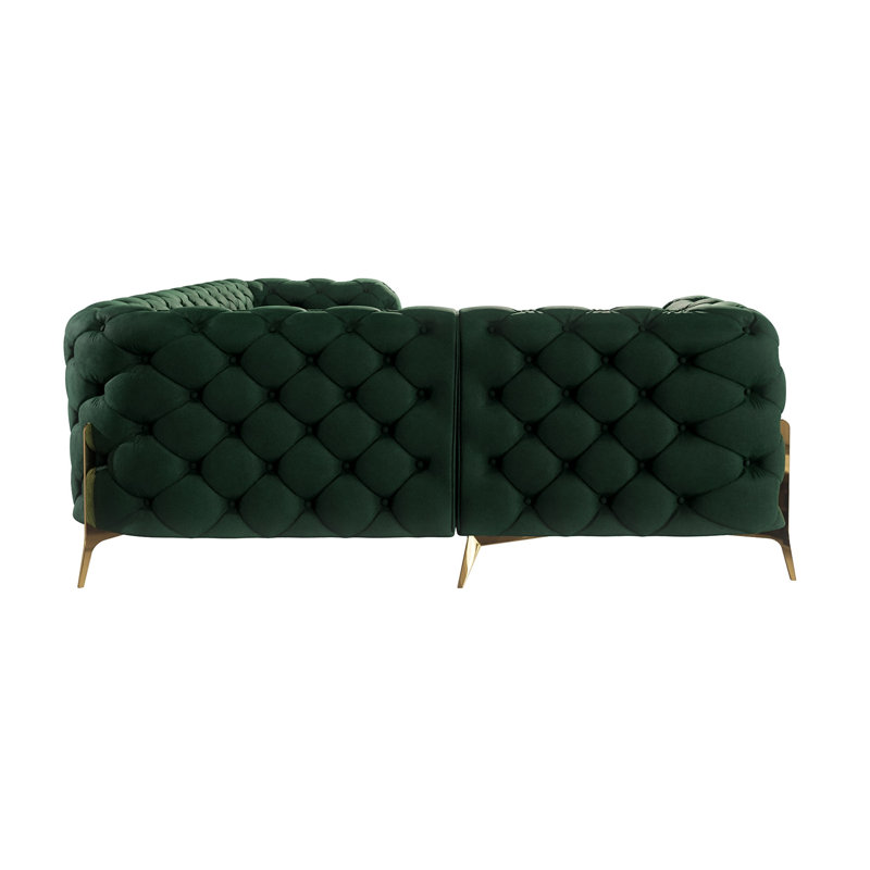 L-shape Corner Chesterfield Sofa  with Gold Metal Legs, Bottle Green, Right Hand Facing
