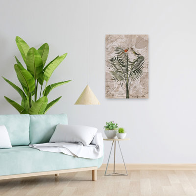 «Tropical Birds on Vintage Map Abstract Rustic Palm Tree Bird Forest Landscape», reproduction d'art mural