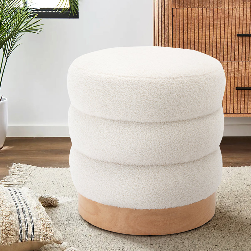 Carra 18'' Wide Round Upholstered Pouf Ottoman, Cream Boucle