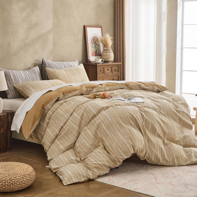 100% Cotton Yarn-Dyed Jacquard Duvet Floral Duvet Cover Set, Queen Duvet Cover + 2 Standard Pillowcases, Yellow Wavy