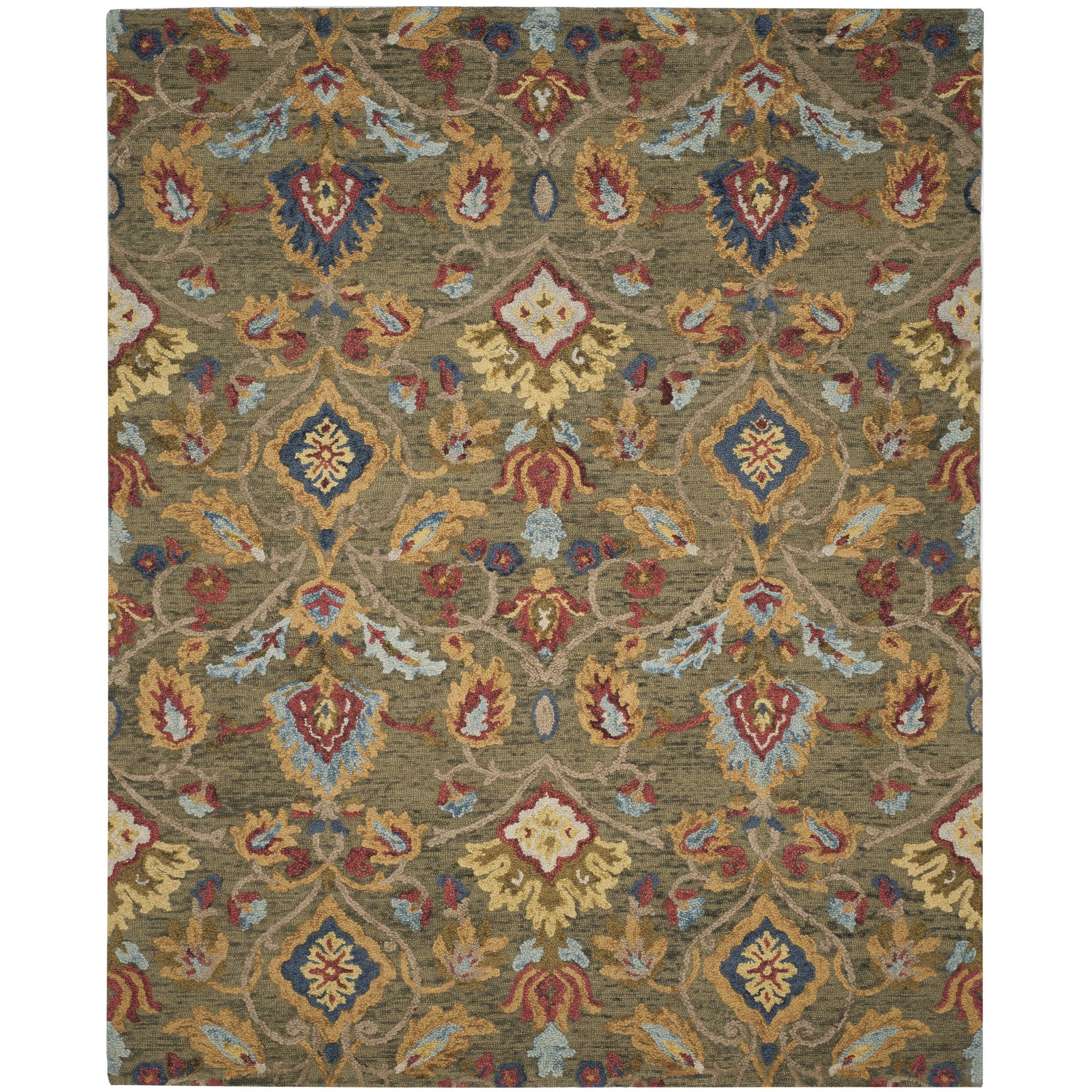 Tansy Handmade Wool Green / Multi Rug, Rectangle 9' x 12'