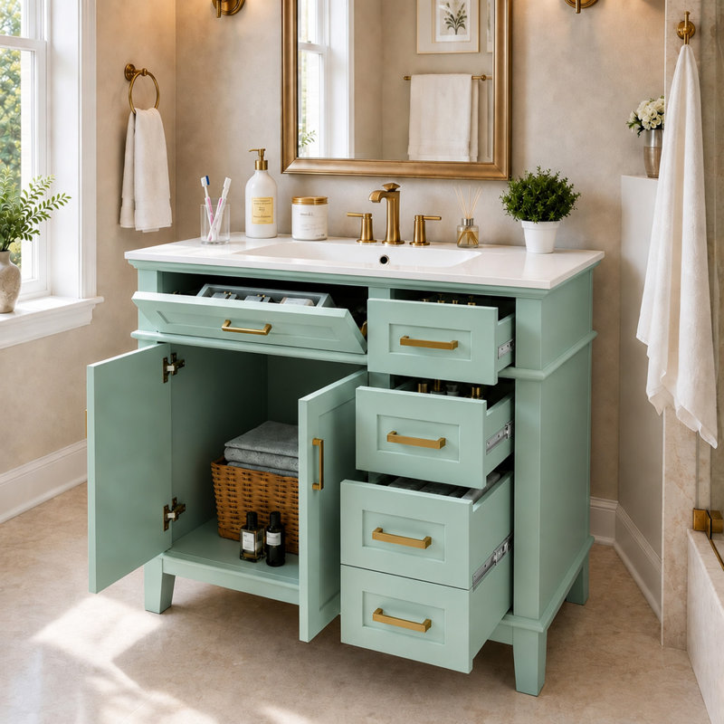 Meuble-lavabo moderne vert clair 36 po avec lavabo en céramique, porte à fermeture douce et 4 tiroirs de rangement 36 po 