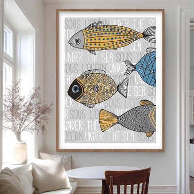 Fishes' Illustration - Yellow Aquatic Animals Framed Print