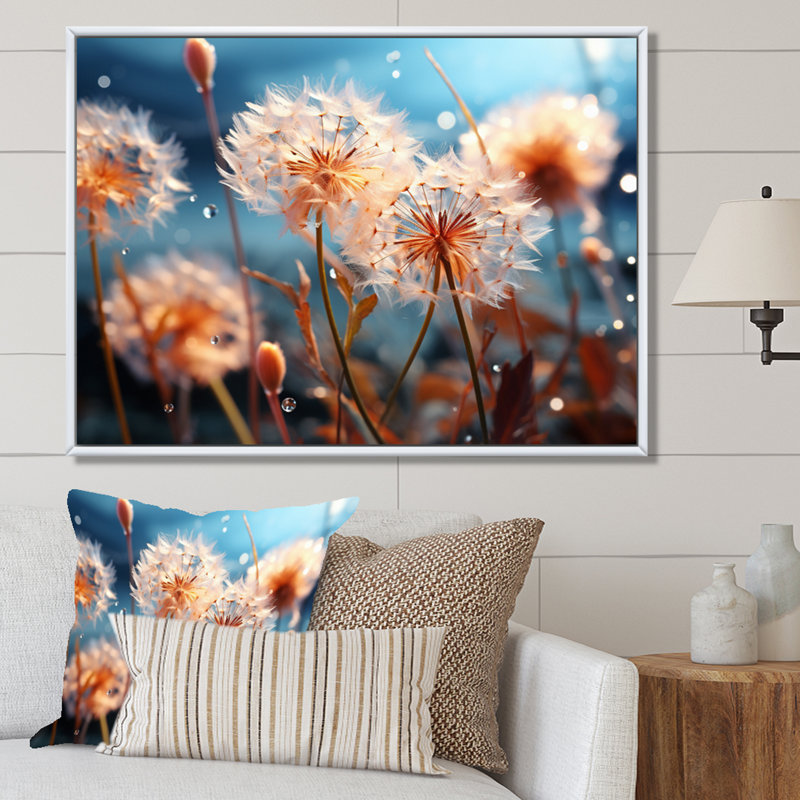 Blue Dandelion Dancing In The Morning II - Floral Wall Art Prints, H 16 po x l 32 po x P 1 po, Cadre flottant blanc