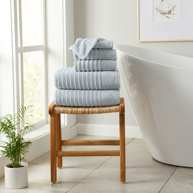 Serviettes de bain 100% coton à nervures zéro torsion , Bleu clair, Ensemble 6 serviettes de bain