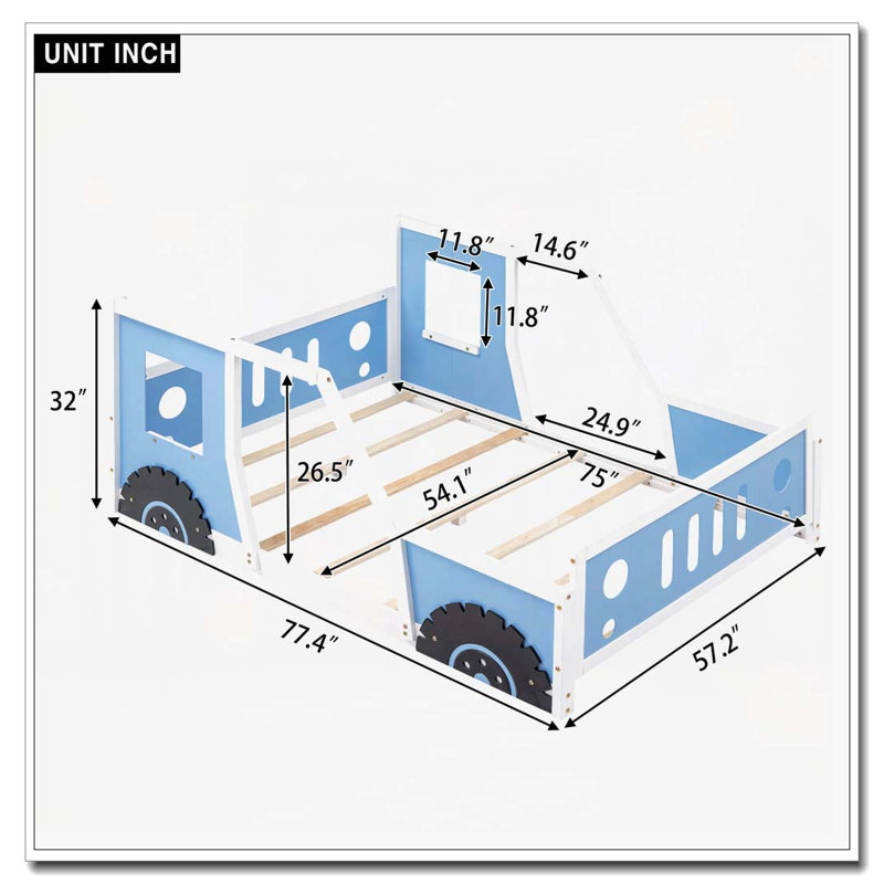 Lit plateforme en forme de voiture avec roulettes, Bleu