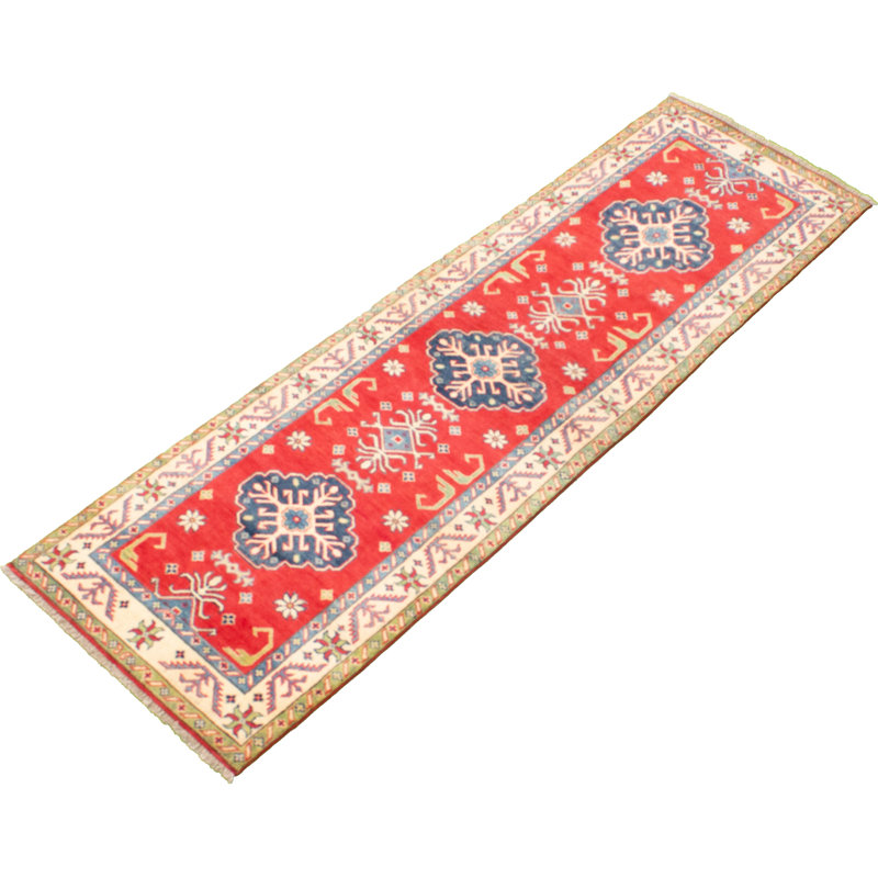 Tapis de couloir unique en laine noué à la main gazni rouge et doré des années 2010 de 2 pi 9 po x 9 pi 2 po Qaiden