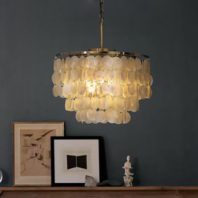 Alcinia 3-Lights Modern Natural Tiered Antique Bronze Capiz Chandelier with Shell Accents