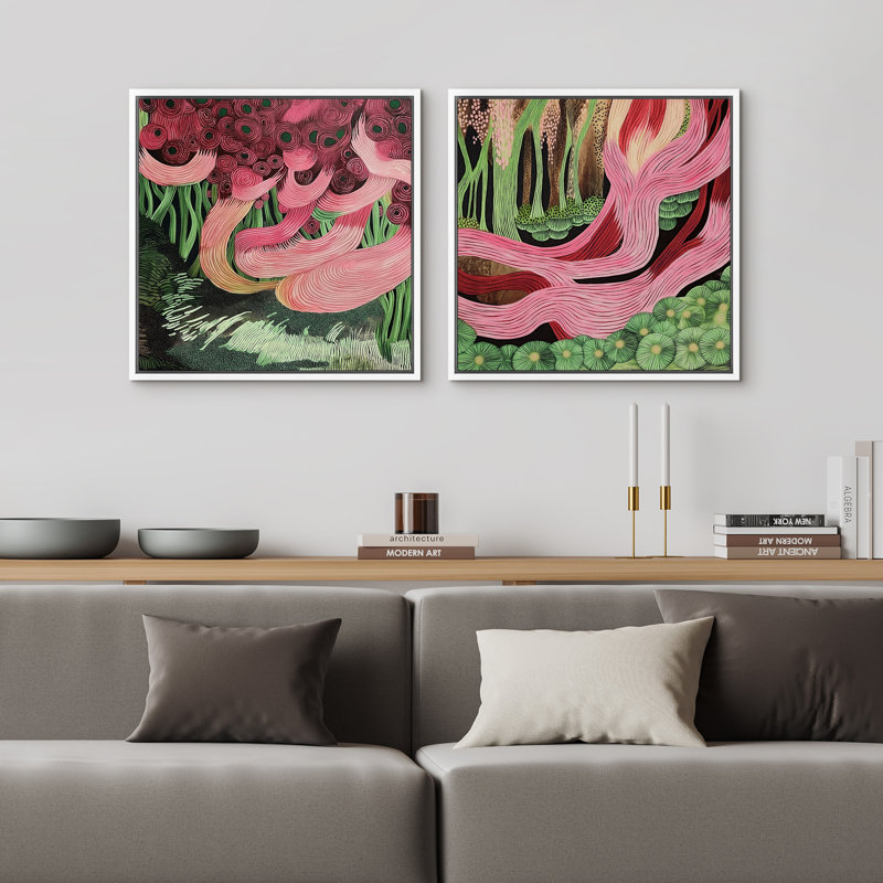 Abstrait, ensemble de 2 reproductions d'art sur toile encadrées botaniques encadrées, H 16 po x l 16 po, Cadre flottant blanc