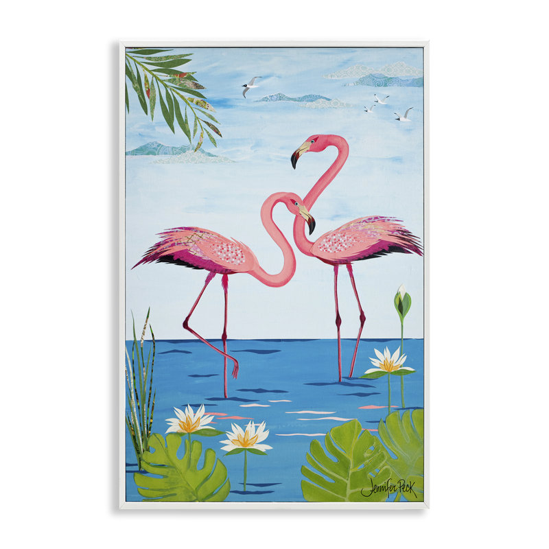 Joli flamant rose, estampe numérique par Jennifer Peck, Giclée encadrée blanc bord de mer, H 24 po x l 16 po